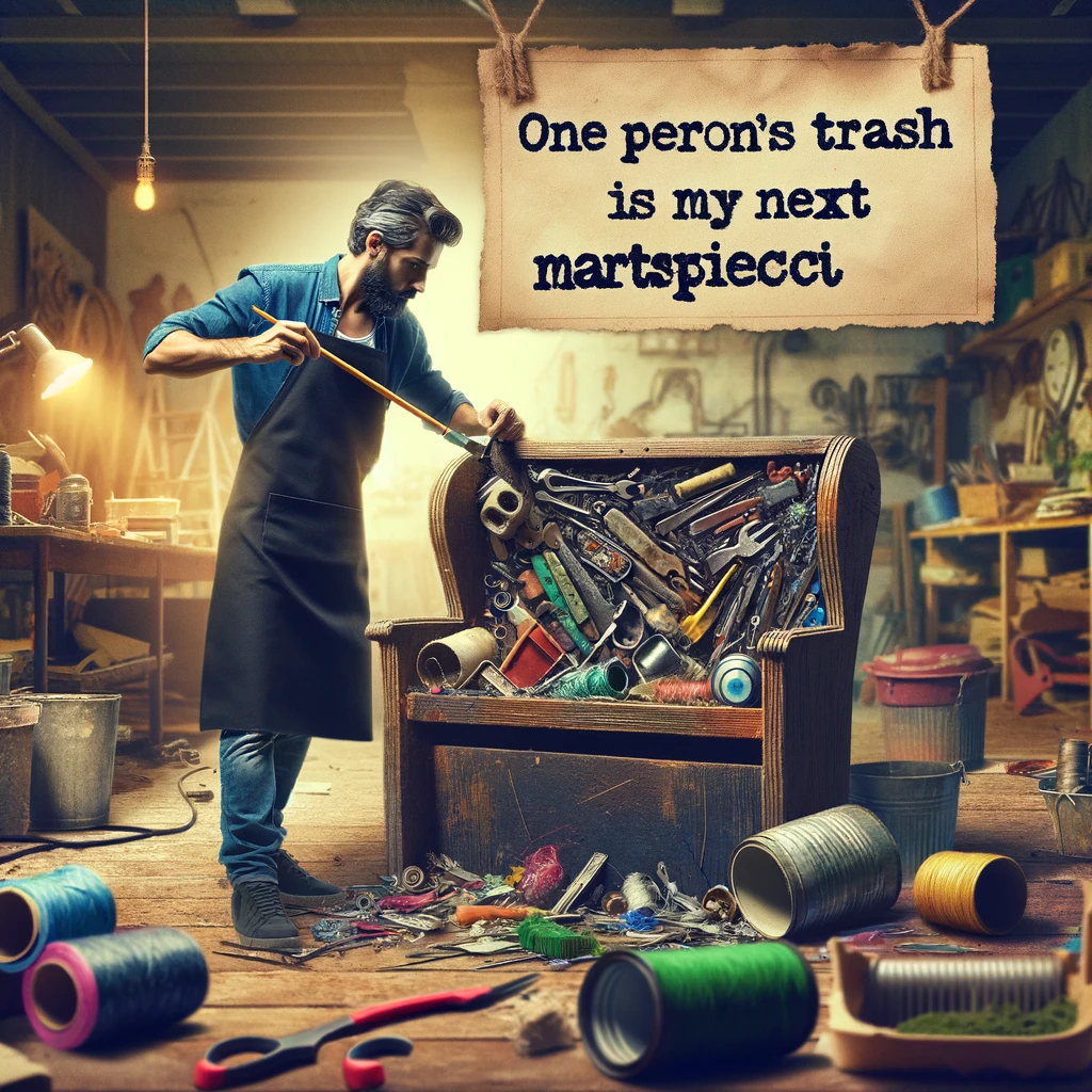 A scene showing a person transforming old items into something new and creative. The background is a workshop with various tools and upcycled projects. The person is focused and skillful, working on a unique creation. The caption says, "One person's trash is my next masterpiece."