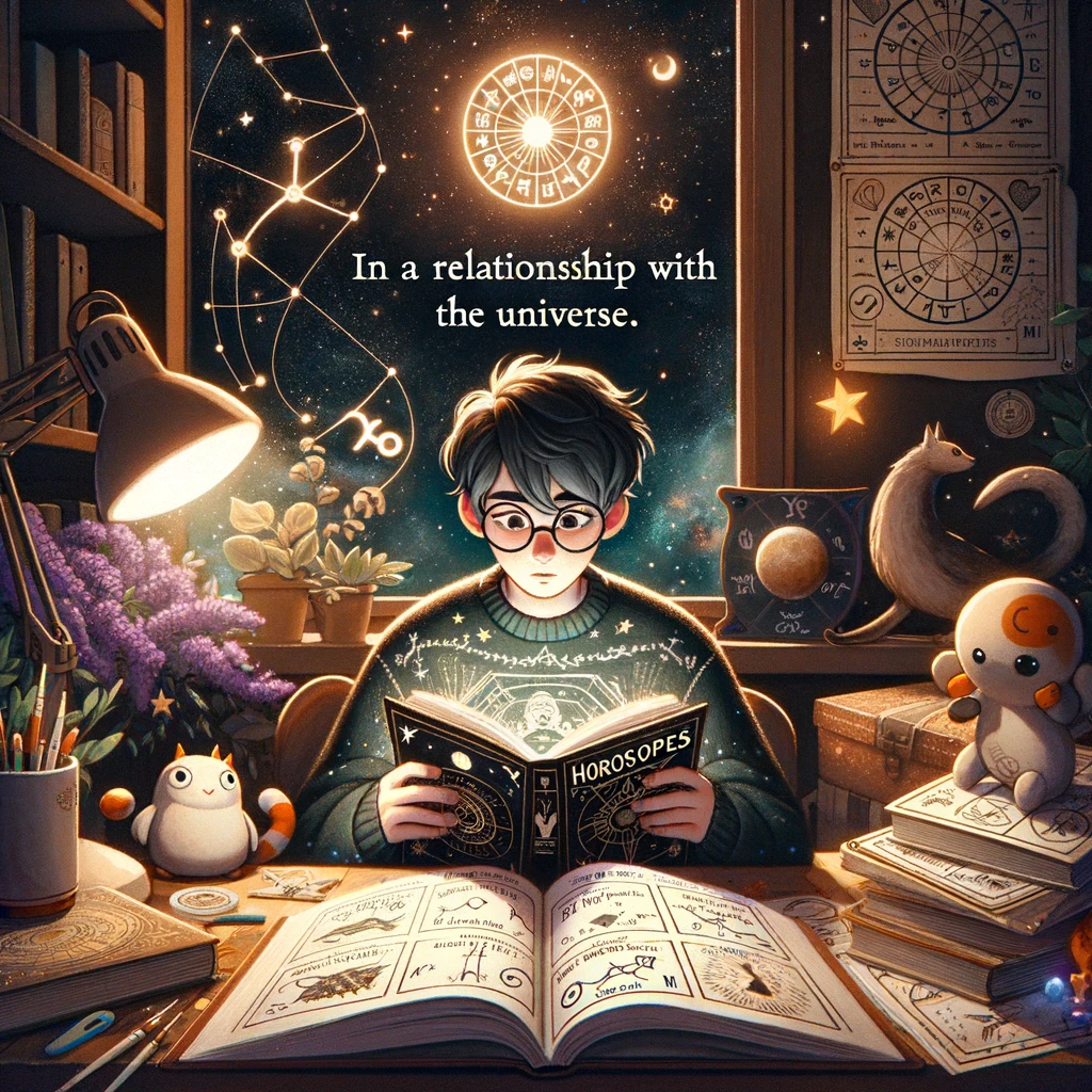 An image of someone eagerly reading horoscopes, surrounded by zodiac signs and star charts. The setting is a cozy, dimly lit room with celestial decorations. The person is absorbed in a book about astrology. The caption reads, "In a relationship with the universe."