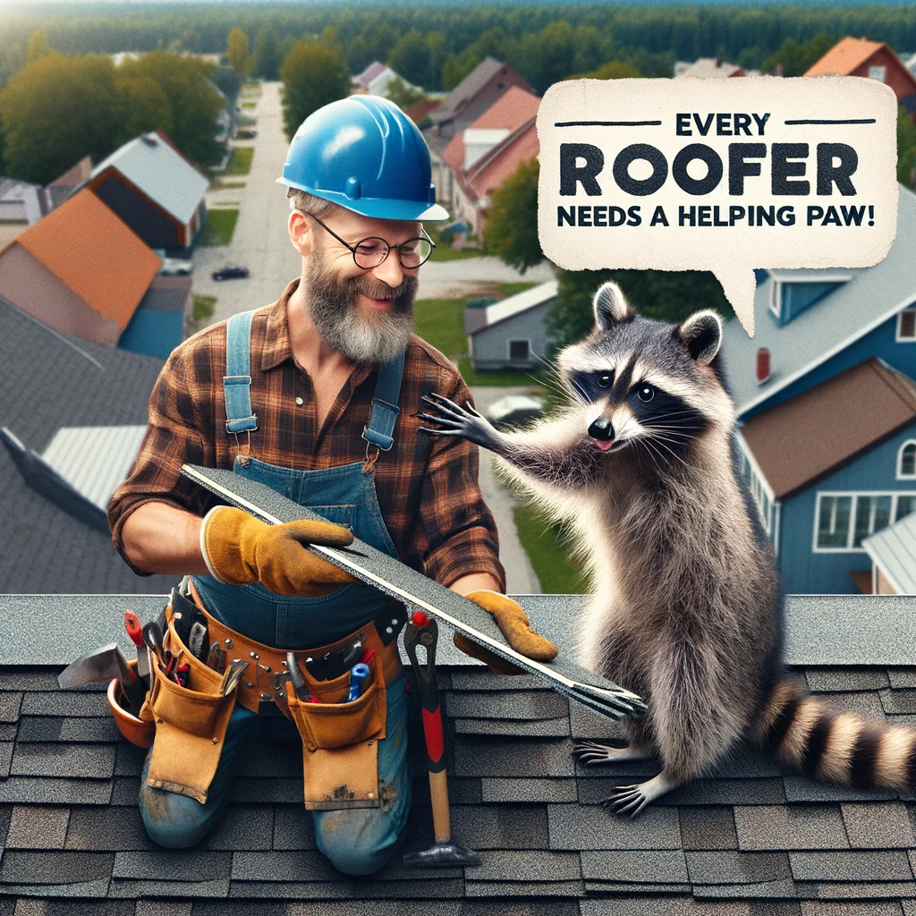 A whimsical image of a roofer working alongside a pet raccoon on a rooftop. Both are wearing hard hats, and the raccoon is comically handing over shingles to the roofer. This endearing scene showcases the unique partnership between the roofer and his unusual helper. The caption reads: "Every roofer needs a helping paw!"