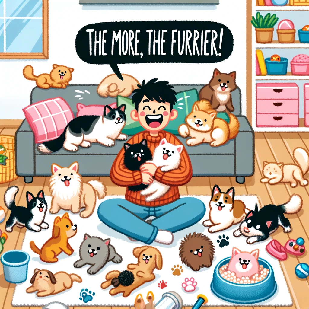 A person happily surrounded by various pets, each getting attention and care. The scene is in a living room filled with pet toys and accessories. The person shows a sense of joy and contentment with the pets around them. The caption says, "The more, the furrier!"