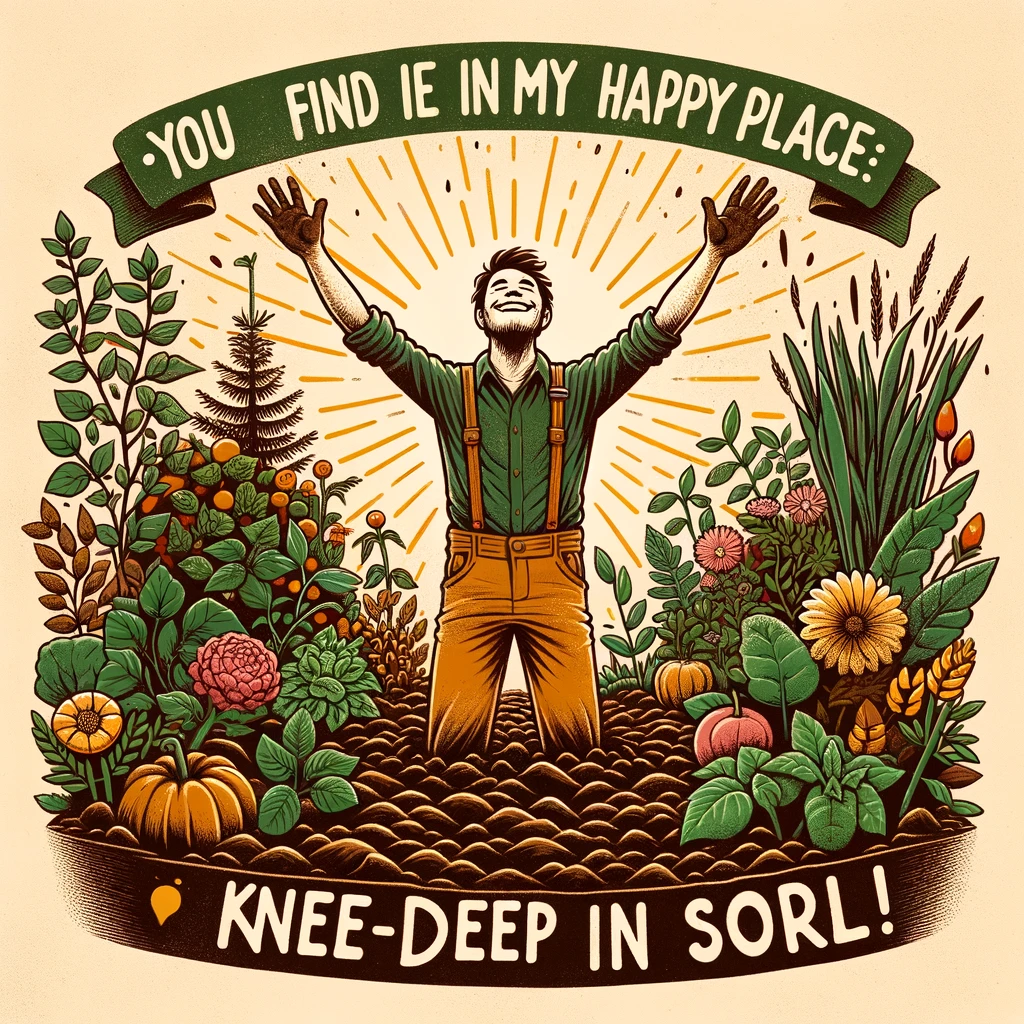 A person proudly standing in an overflowing garden, hands dirty, with a triumphant smile. They seem deeply connected with nature, surrounded by various plants, flowers, and vegetables. The image has a warm, earthy tone, evoking a sense of peace and satisfaction. The caption at the bottom reads, "You can find me in my happy place: knee-deep in soil!" The style is lighthearted and vibrant, suitable for a meme.