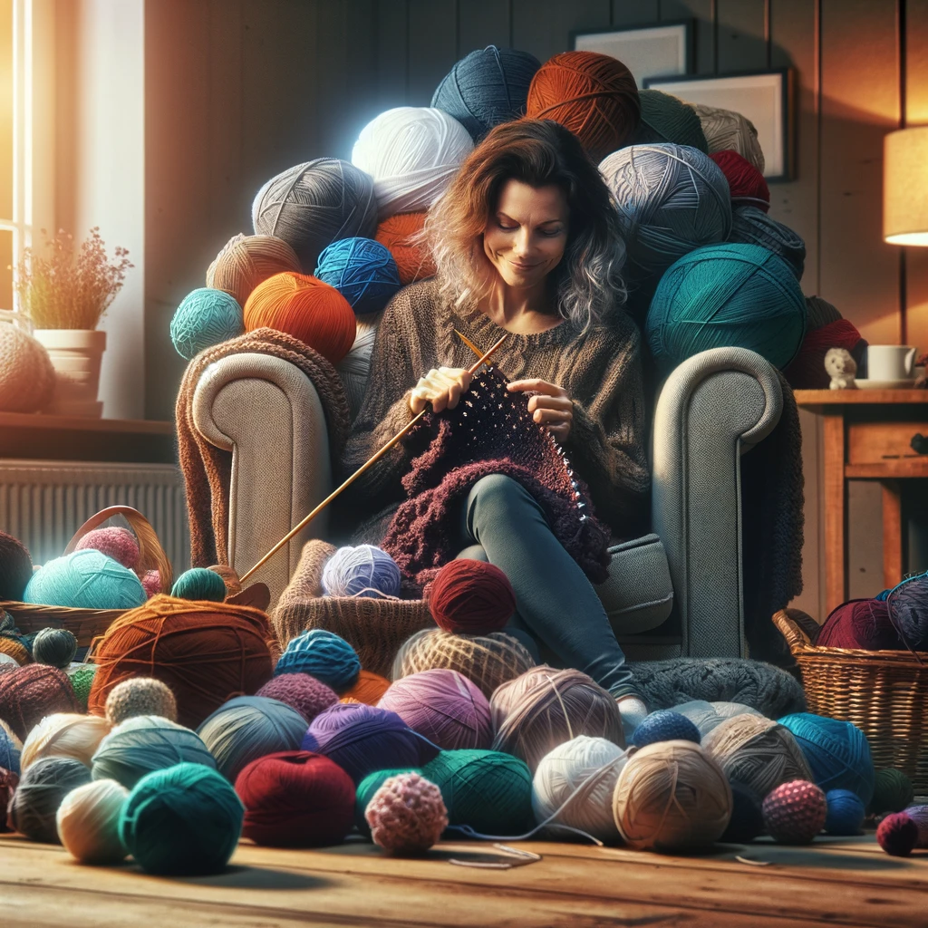 A cozy scene where someone is knitting with a mountain of yarn balls around them. The person is focused and happy, sitting in a comfortable armchair with knitting needles in hand, surrounded by various colors of yarn. The room has a warm and inviting atmosphere, with soft lighting and homey decorations. The caption at the bottom of the image says, "Knitting: It's not a hobby, it's a post-apocalyptic life skill."