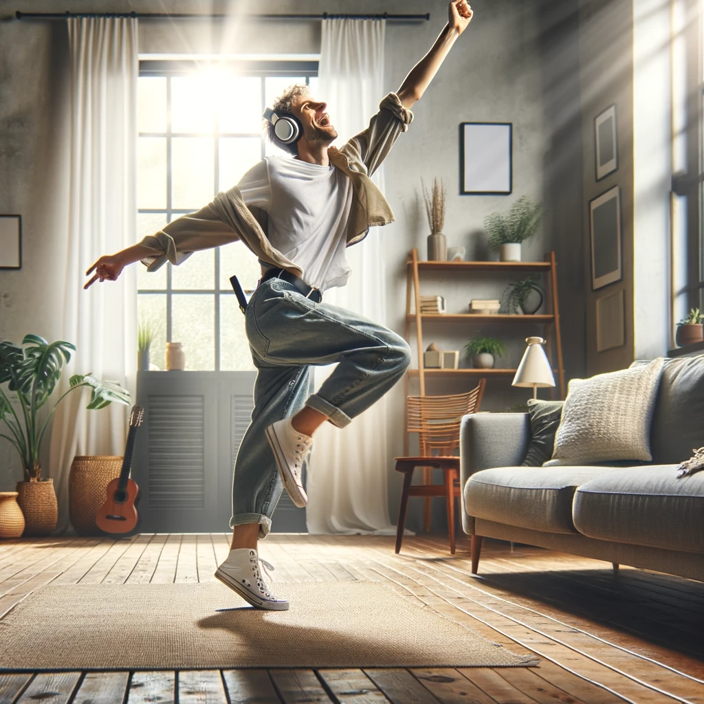 An image of someone dancing joyfully in their living room with headphones on. The person is caught in mid-dance, with a carefree and ecstatic expression. They are in casual, comfortable clothes, clearly enjoying the music. The living room is modern and cozy, with a couch, a rug, and some houseplants. Sunlight streams in from a window, adding to the lively atmosphere. The caption at the bottom of the image says, "Why walk when you can dance?"