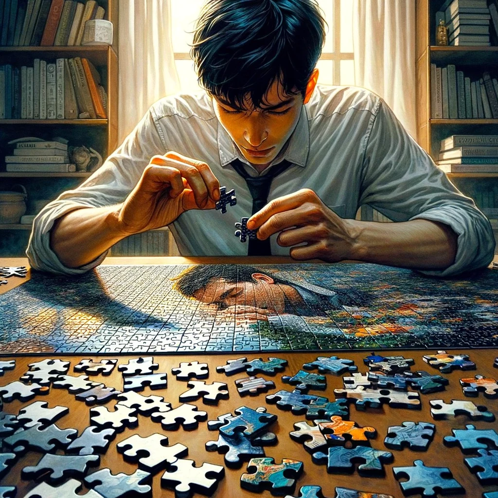 A scene of someone deeply focused on completing a complex jigsaw puzzle. The person is seated at a table, with pieces of the puzzle spread out before them. The puzzle is partially completed, showing a colorful and intricate design. The individual appears concentrated and determined, with a look of satisfaction as they fit a piece into place. The room is cozy and well-lit, perhaps a study or living room, with books and other personal items in the background. The caption says, "Piece by piece, I'll solve it all."