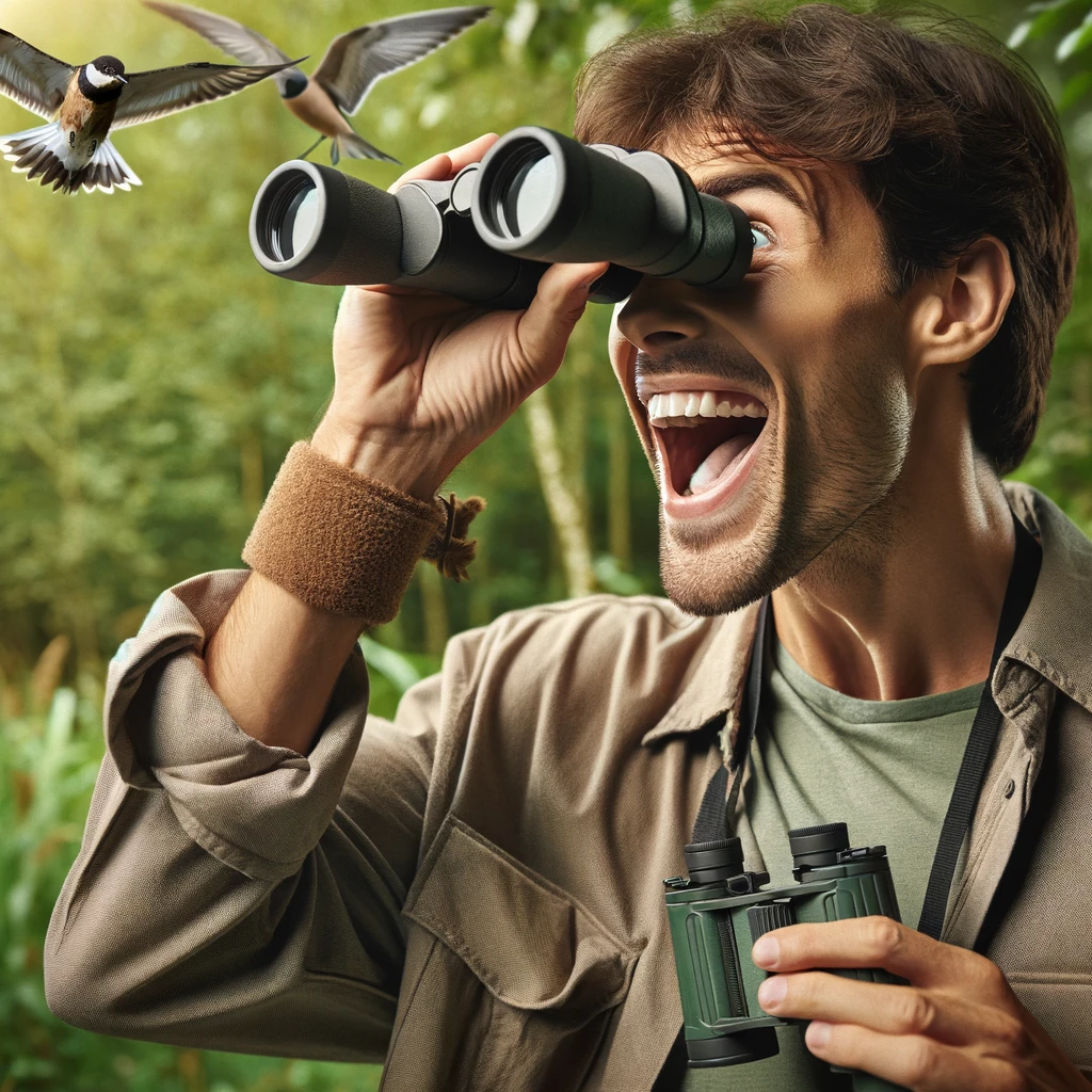 An image of a person with binoculars, excitedly spotting birds in nature. The person is outdoors in a natural setting, perhaps a forest or a bird sanctuary, with trees and greenery around. They are dressed in casual outdoor clothing, suitable for birdwatching. Their expression is one of delight and fascination as they look through the binoculars, possibly having spotted a rare bird. The caption at the bottom of the image reads, "Birdwatching: It's not just a hobby, it's a tweet!"