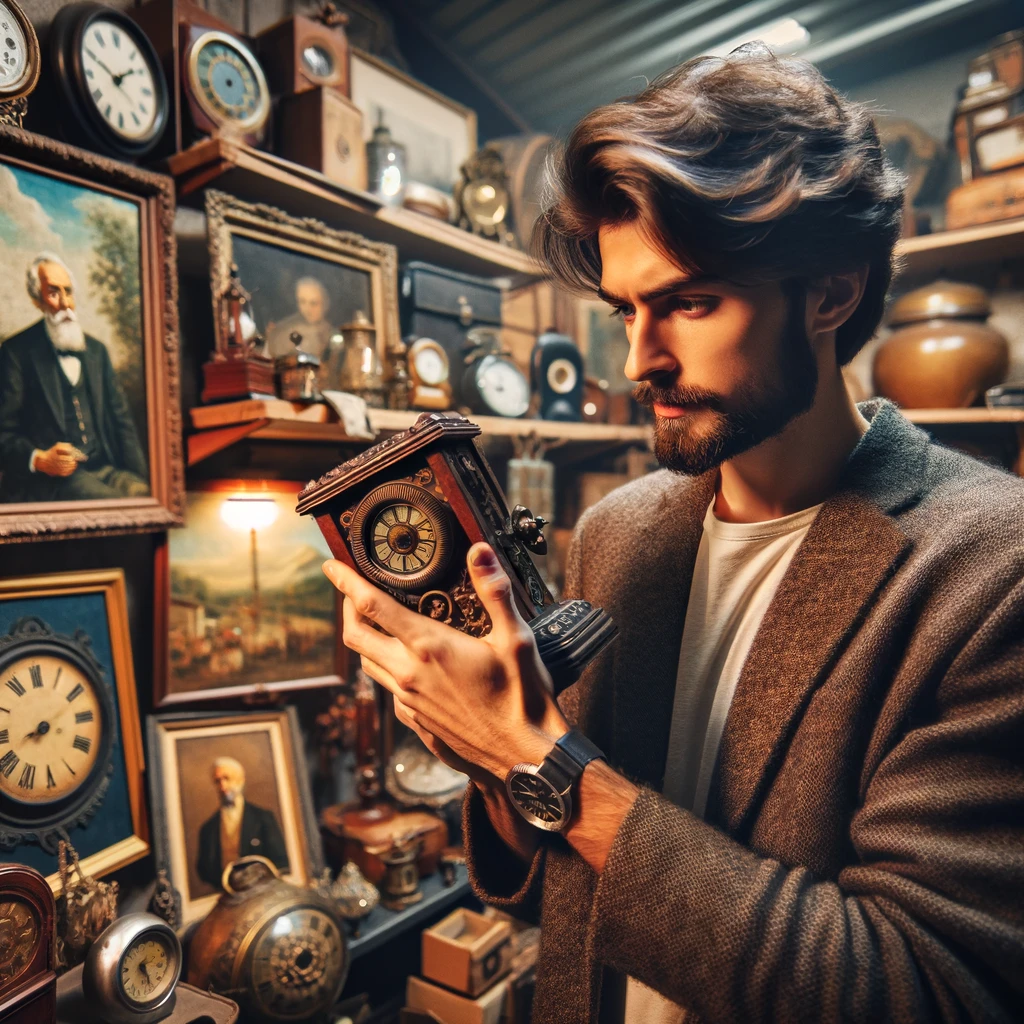 A person surrounded by antique items, looking at them with admiration. The individual is in a room filled with various vintage collectibles like old clocks, classic paintings, and antique furniture. They are holding a vintage item, examining it closely with a look of appreciation and nostalgia. The room has an old-world charm, with wooden shelves and a warm, ambient lighting. The caption at the bottom of the image says, "Collecting memories, one vintage piece at a time."