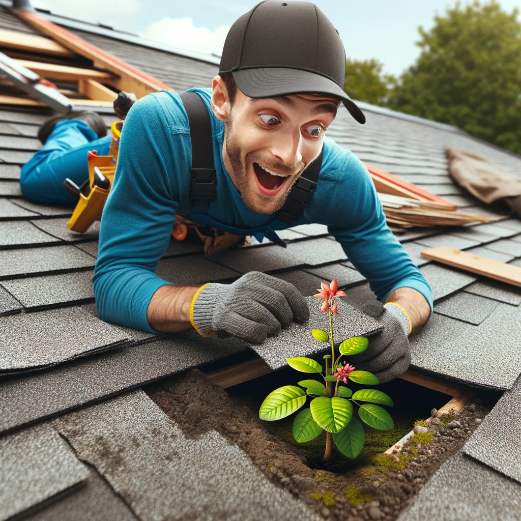 A roofer pulling up a shingle on a roof to find a small plant growing underneath, looking surprised. The scene portrays a mix of roofing work and the unexpected discovery of nature, creating a whimsical and light-hearted moment. The caption reads: "Found the elusive rooftop garden!"