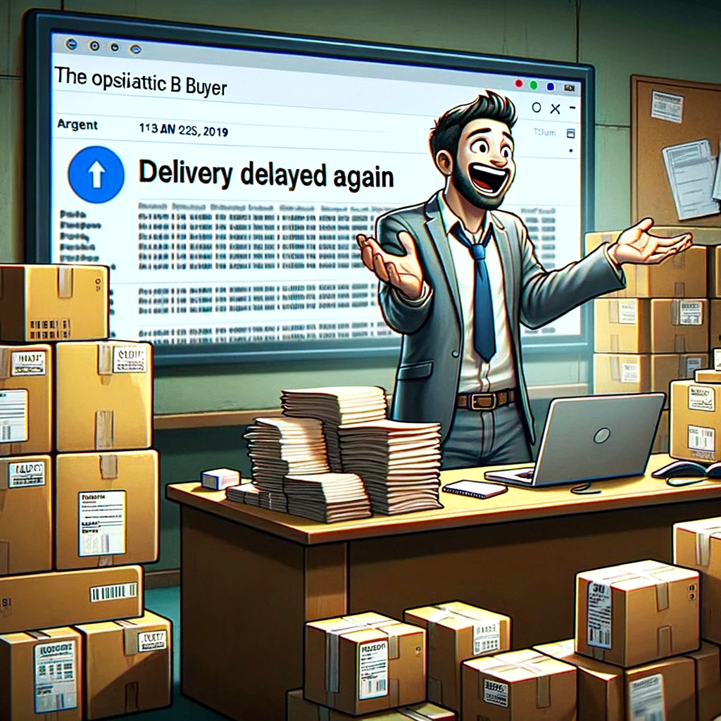 "The Optimistic Buyer" Meme: A procurement professional standing with a huge smile, surrounded by stacks of purchase orders and a computer screen showing an email with the subject "Urgent: Delivery Delayed Again". The scene is humorous, capturing the irony of the situation with the professional's overly optimistic demeanor in contrast to the problematic email.