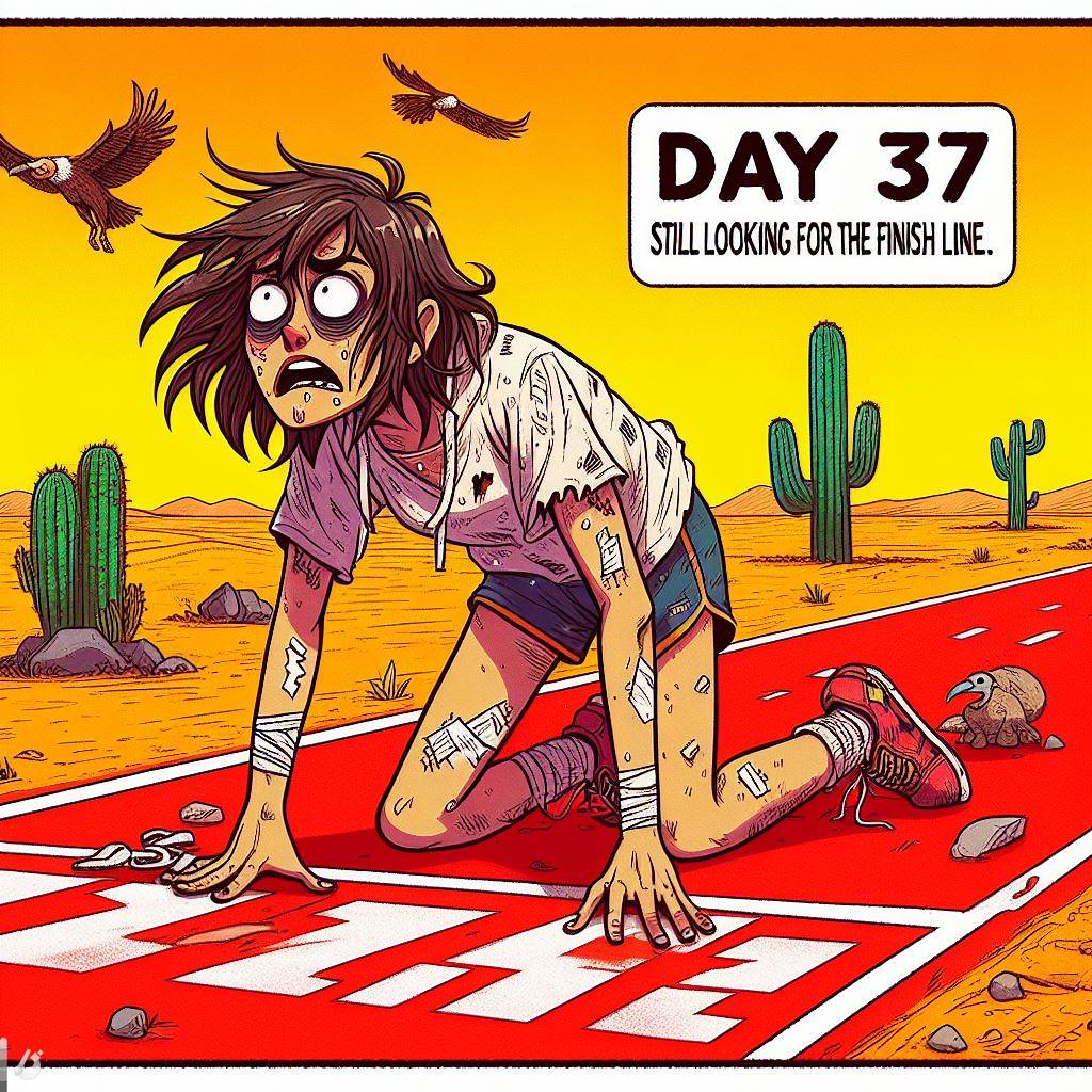 A person on a running track, looking bewildered and exhausted. The person has messy hair, a torn shirt, and dirty shoes. The track is surrounded by a desert with cacti and vultures. The caption reads: 'Day 37: Still looking for the finish line.' The caption is in a comic font and has a red background. The image has a cartoon style and bright colors.