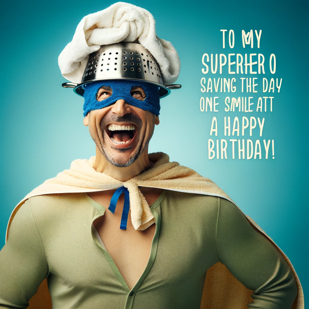 A man in a humorous makeshift superhero costume, featuring a bath towel as a cape and a colander as a helmet, striking a heroic pose. He has a playful and joyous expression, embodying a light-hearted and comical superhero vibe. The caption at the bottom reads, "To my superhero husband, saving the day one smile at a time. Happy Birthday!" The image should convey a sense of fun and affection, ideal for a birthday celebration.