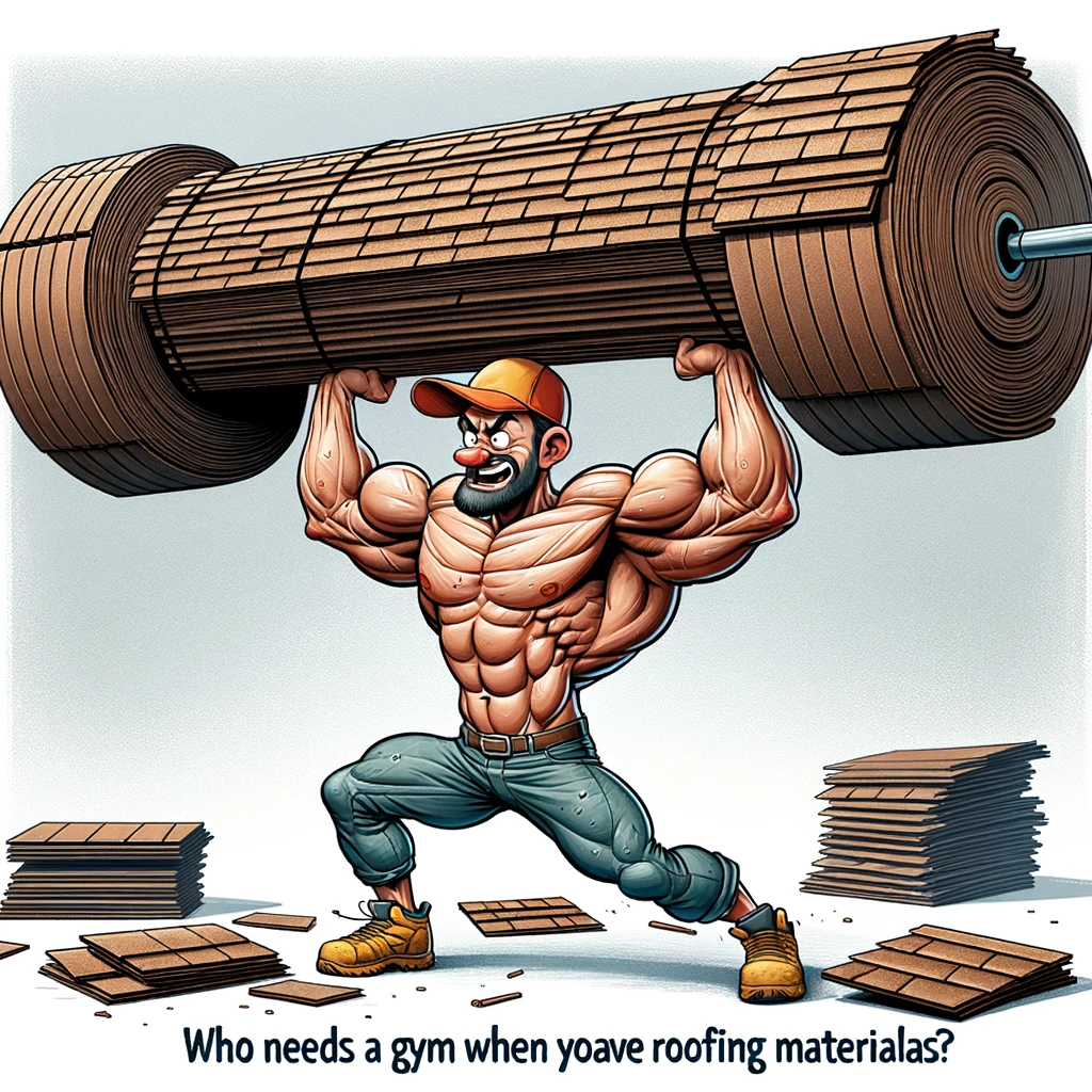 A cartoon of a roofer lifting a bundle of shingles as if it's a barbell, showcasing exaggerated muscles. The scene humorously equates roofing work with intense physical exercise. The roofer's expression is one of determination and strength. The caption reads: "Who needs a gym when you have roofing materials?"