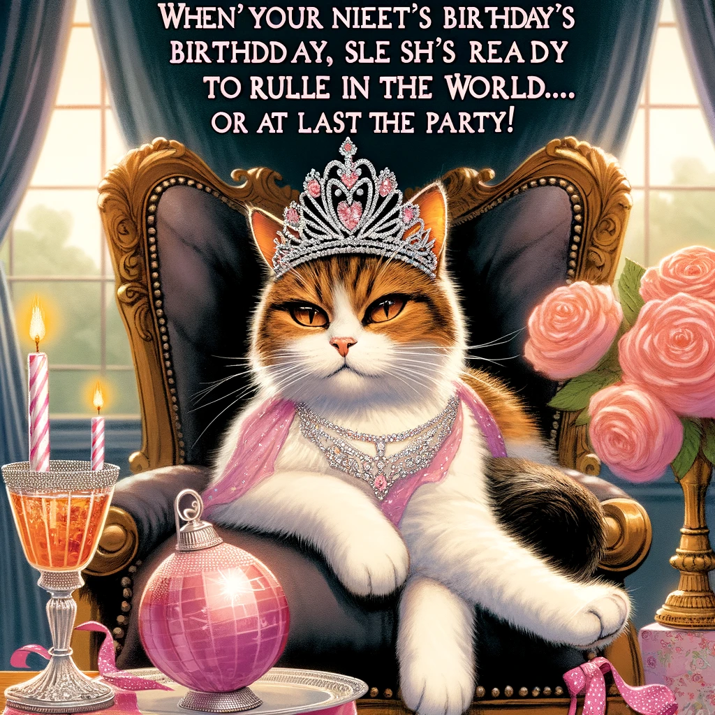 A tiara-wearing cat sitting dramatically on a throne with a caption: "When it's your niece's birthday and she's ready to rule the world...or at least the party!"