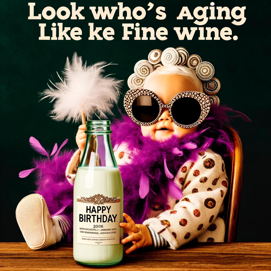 A picture of a baby wearing oversized sunglasses and a feather boa, holding a milk bottle like a glass of wine, with the caption: "Look who's aging like fine wine. Happy Birthday, Niece!"