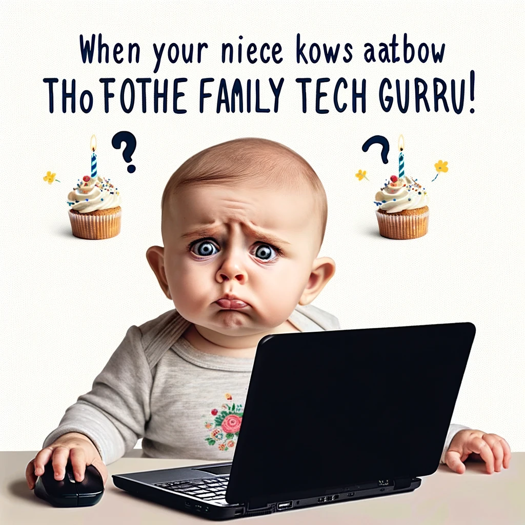 An image of a baby with a laptop, looking confused, with text saying: "When your niece knows more about technology than you. Happy Birthday to the family tech guru!"