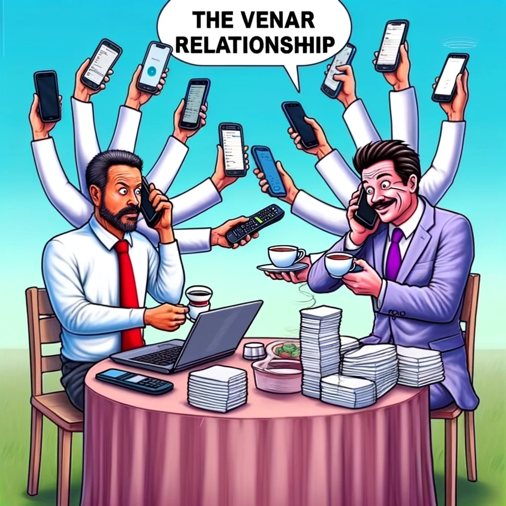 "The Vendor Relationship" Meme: A procurement professional and a vendor representative sitting at a table. The professional is juggling multiple phones in a chaotic manner, while the vendor is calmly sipping tea, appearing oblivious to the chaos. The scene humorously contrasts the busy professional with the relaxed vendor.