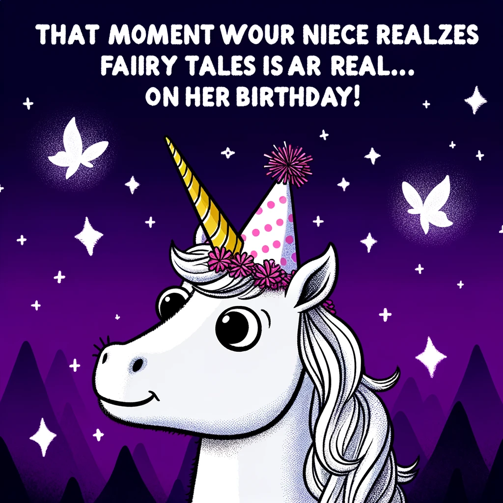A cartoon unicorn wearing a party hat, looking slightly startled, with the caption: "That moment when your niece realizes fairy tales are real... on her birthday!"