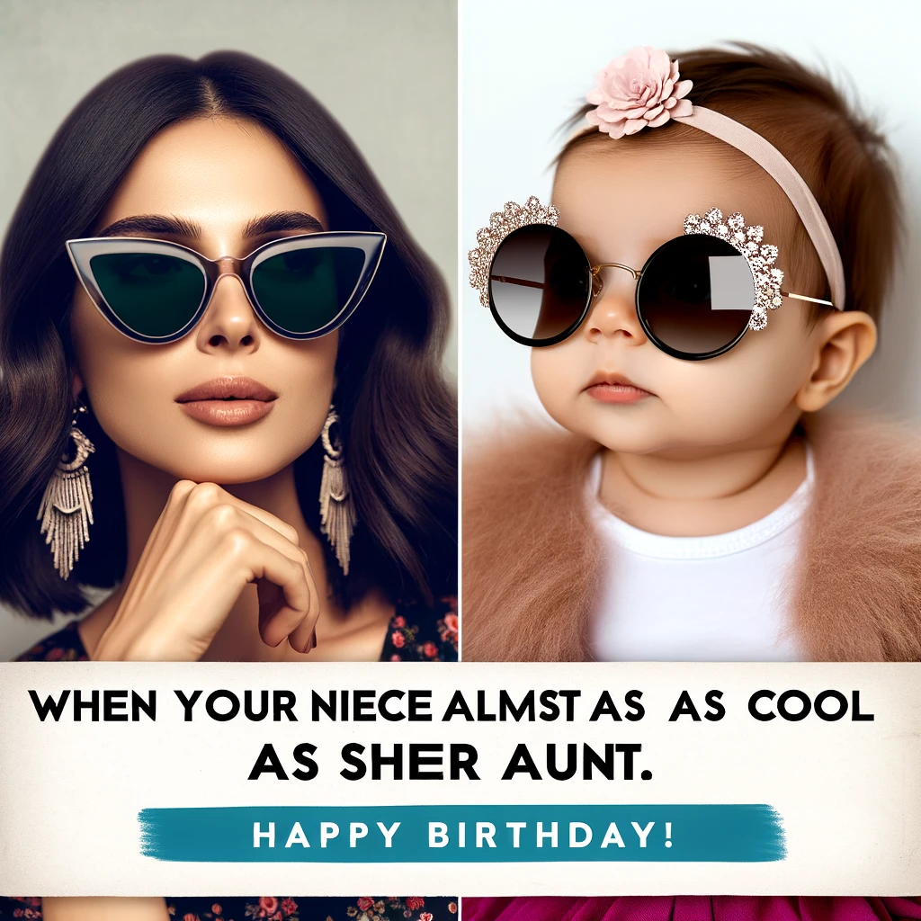 A split image showing a chic-looking woman on one side and a baby with similar fashion on the other, both wearing sunglasses, with the caption: "When your niece is almost as cool as her aunt. Happy Birthday!"