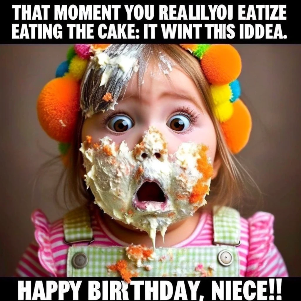 A photo of a child covered in cake icing with a shocked expression and a caption: "That moment when you realize eating the whole cake wasn't the best idea. Happy Birthday, Niece!"
