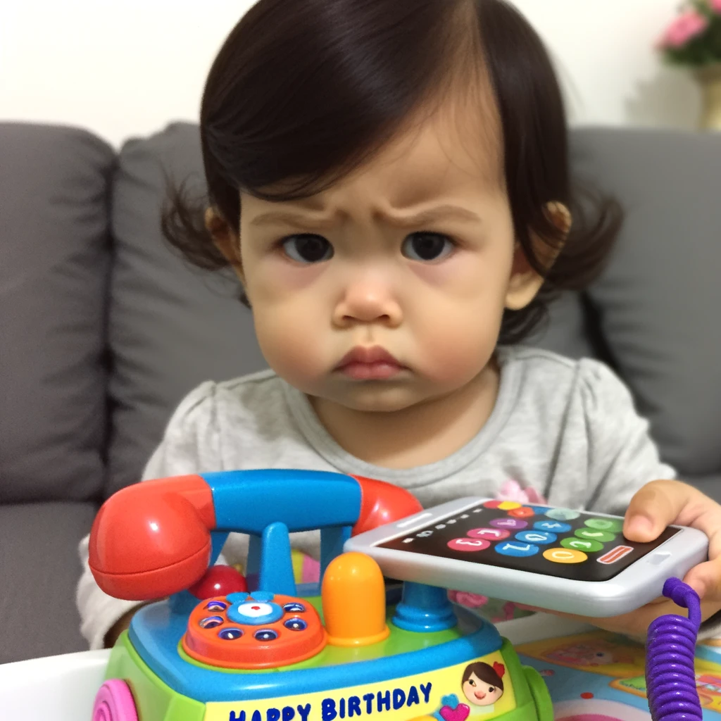 A picture of a toddler looking seriously at a toy phone, captioned: "When your niece is growing up too fast and already planning her next birthday party. Happy Birthday, little one!"