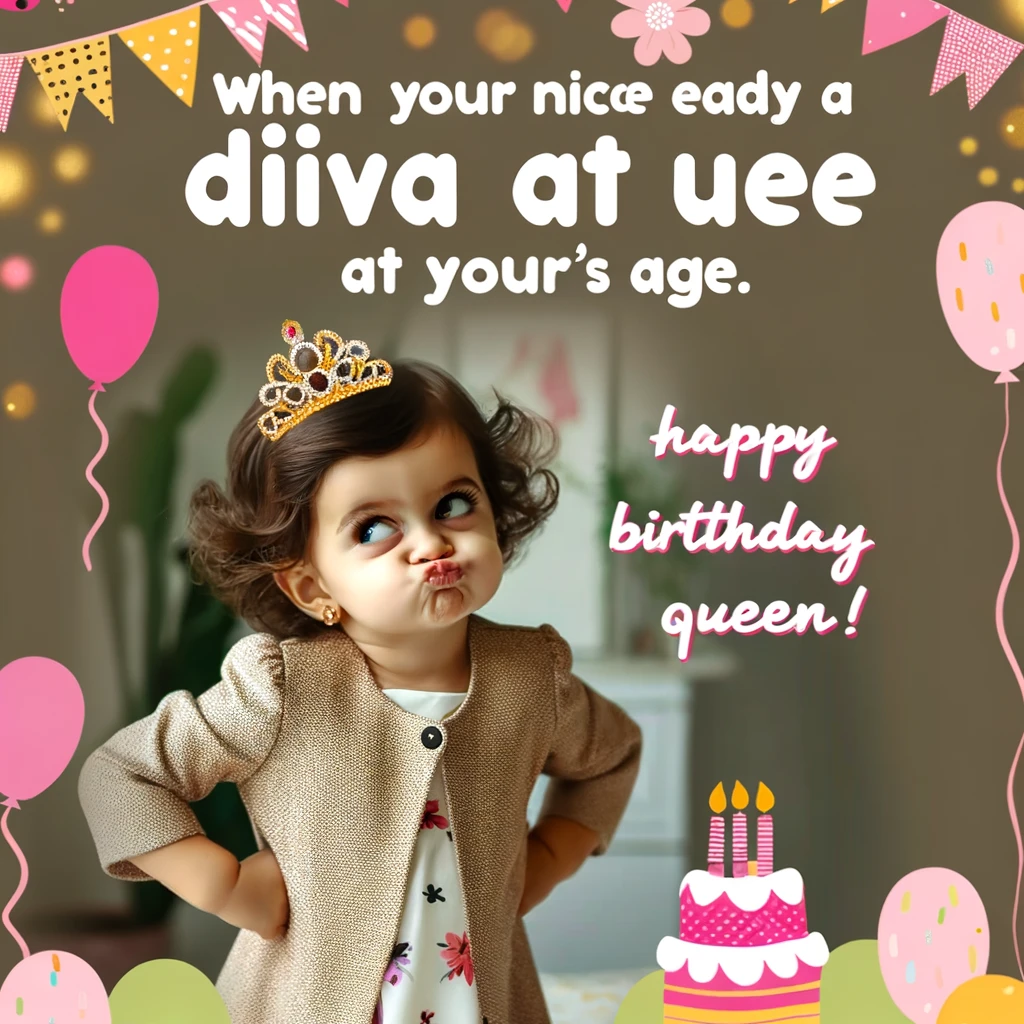 A sassy-looking toddler with hands on hips, rolling her eyes, wearing a cute outfit. The background is festive with balloons and a birthday cake. The image has a caption that says, "When your niece is already a diva at her age. Happy Birthday to our little queen!"