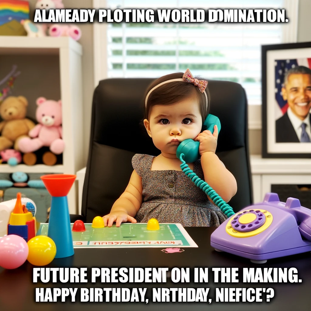 A baby sitting at a desk, looking serious with a toy phone in hand, in an office-like setting with toys scattered around. The image includes a caption reading, "Already plotting world domination on her birthday. Future president in the making. Happy Birthday, Niece!"