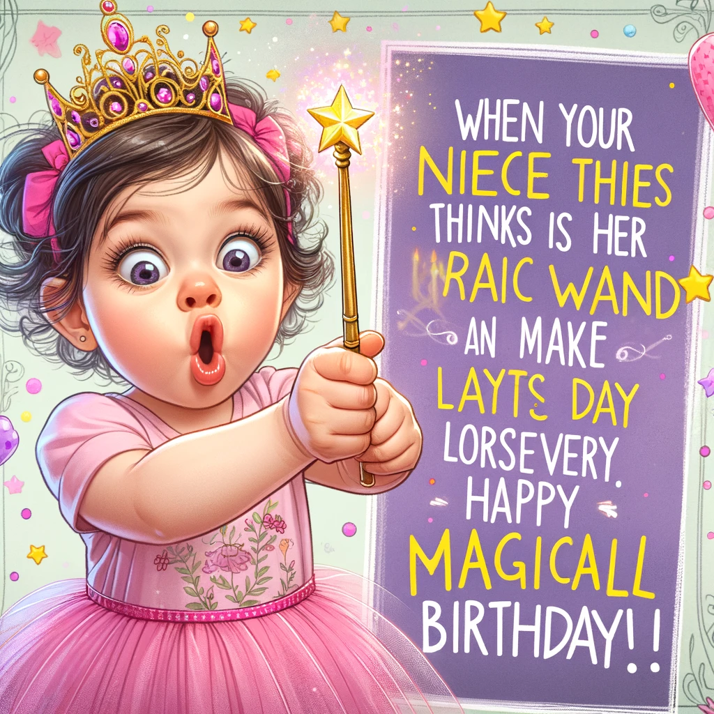 A toddler waving a magic wand clumsily with a surprised look on her face, in a playful and magical setting. The image includes a caption: "When your niece thinks her birthday wand can make the day last forever. Happy Magical Birthday!"