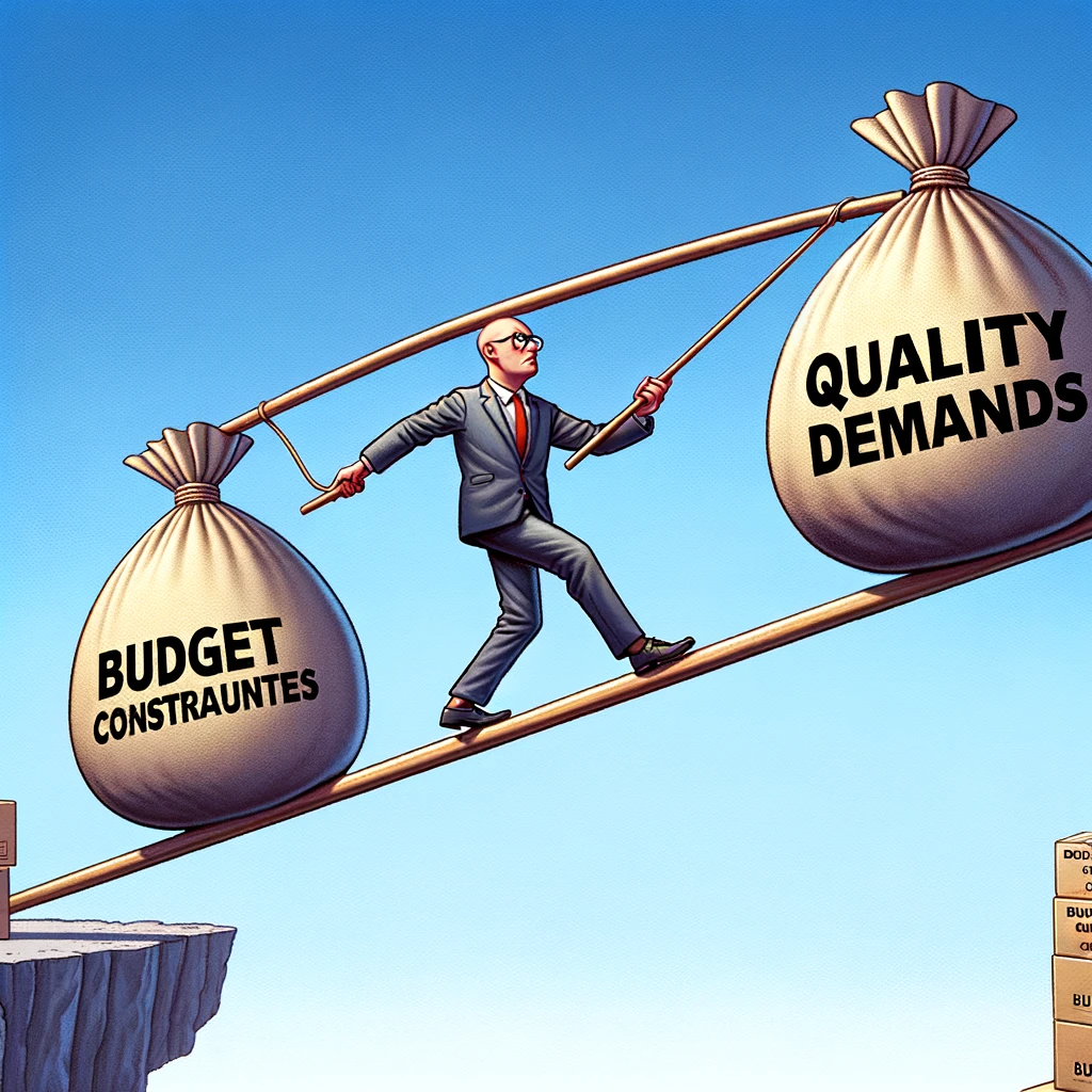 "The Budget Tightrope" Meme: A procurement professional walking a tightrope, balancing a long pole. On one end of the pole is a heavy bag labeled "Budget Constraints" and on the other end is a box labeled "Quality Demands". The image humorously illustrates the delicate balance the professional must maintain between budget and quality.