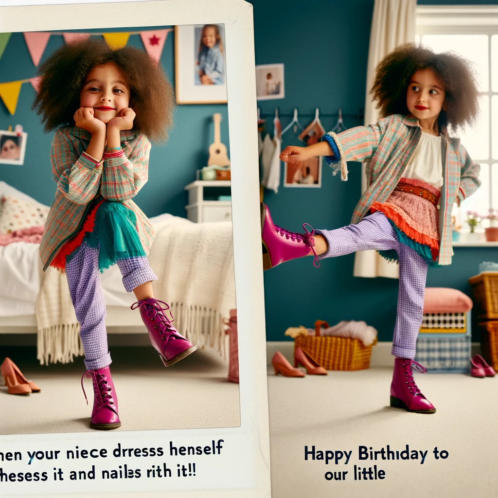 A young girl in a mismatched, but confident outfit, striking a pose, in a playful bedroom setting. The image includes a caption: "When your niece dresses herself for her birthday and nails it! Happy Birthday to our little fashionista!"