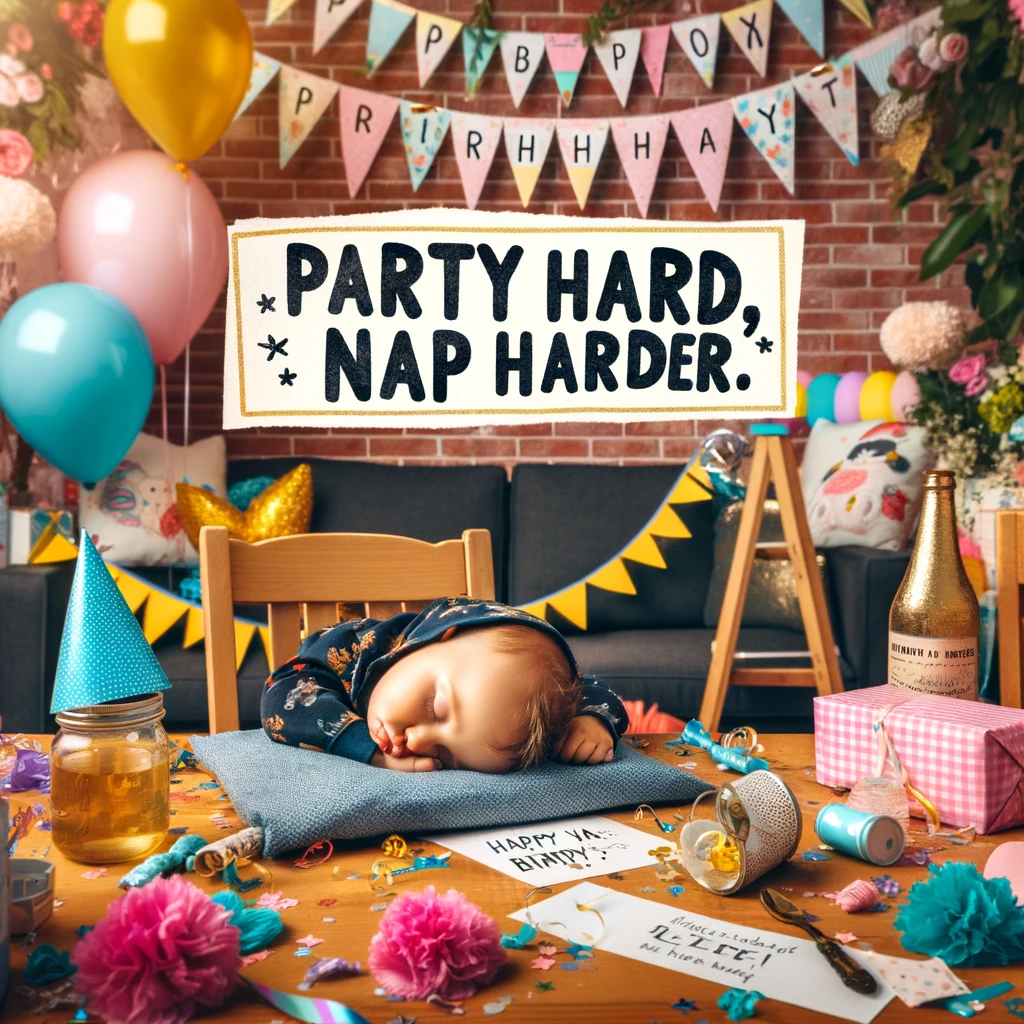 A baby sleeping soundly amidst a chaotic birthday party scene, with decorations and party items scattered around. The image has a caption: "Party hard, nap harder. Happy Birthday to my sleep-loving niece!"