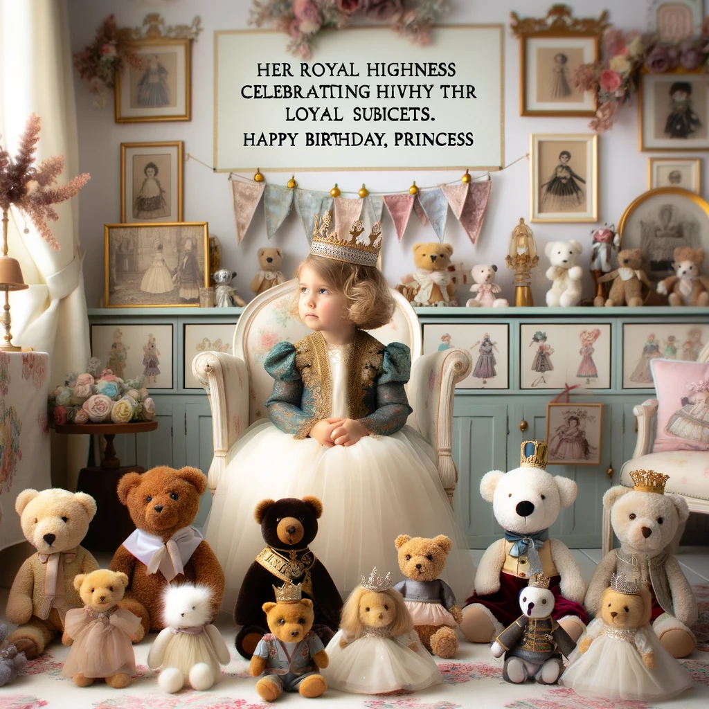 A little girl in a princess costume, looking regally at a group of stuffed animals arranged like subjects, in a whimsical, royal-themed room. The image has a caption: "Her Royal Highness celebrating her birthday with her loyal subjects. Happy Birthday, Princess!"