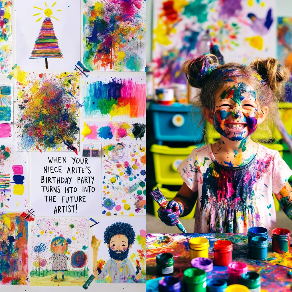 A child covered in paint, with a chaotic but proud display of her artwork in the background. The image includes a caption: "When your niece's birthday party turns into a paint extravaganza. Happy Birthday to the future artist!"
