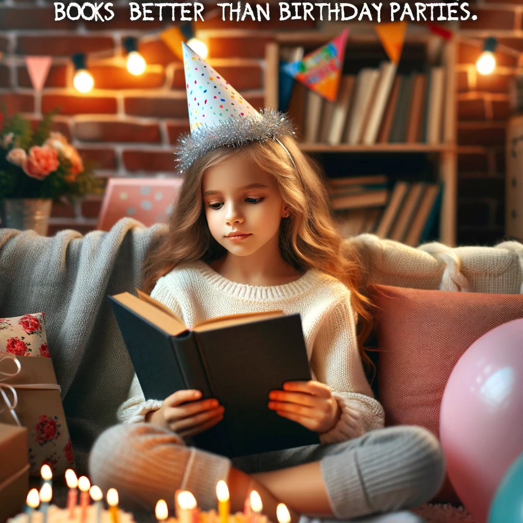 A young girl reading a book with a party hat, looking completely absorbed, in a cozy reading nook surrounded by birthday decorations. The image has a caption: "When books are better than birthday parties. Happy Birthday to the little bookworm!"