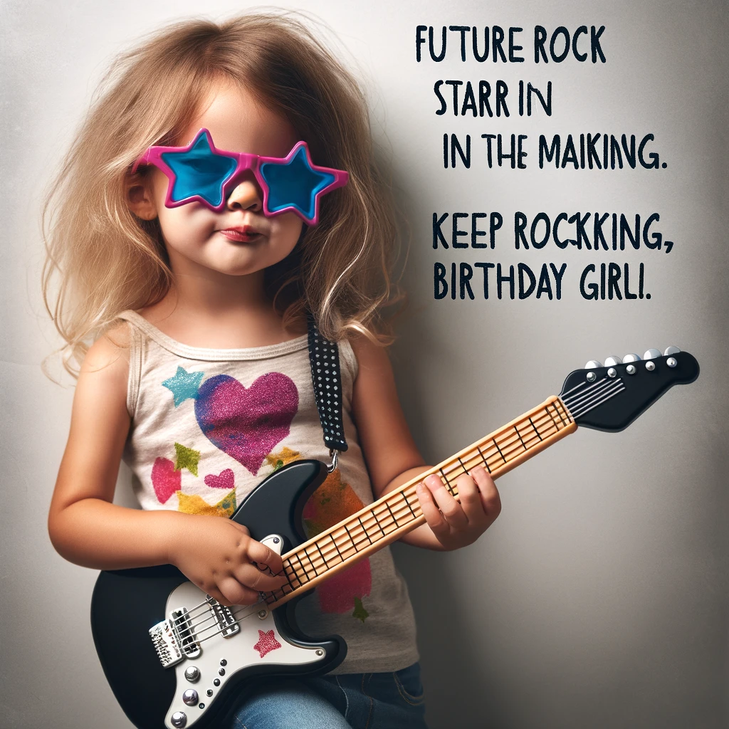 An image of a little girl with a toy guitar, wearing sunglasses, striking a rock star pose. The caption reads, "Future rock star in the making. Keep rocking, birthday girl!"