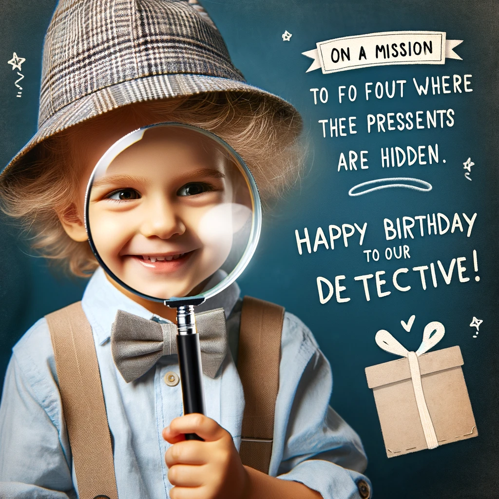 A child with a magnifying glass, looking like a detective, with a caption: "On a mission to find out where the presents are hidden. Happy Birthday to our little detective!"