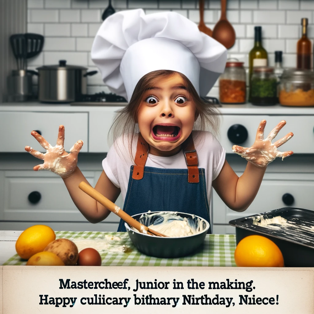 A photo of a young girl wearing a chef hat and apron, hilariously messing up in the kitchen. The caption says, "MasterChef Junior in the making. Happy culinary birthday, niece!"
