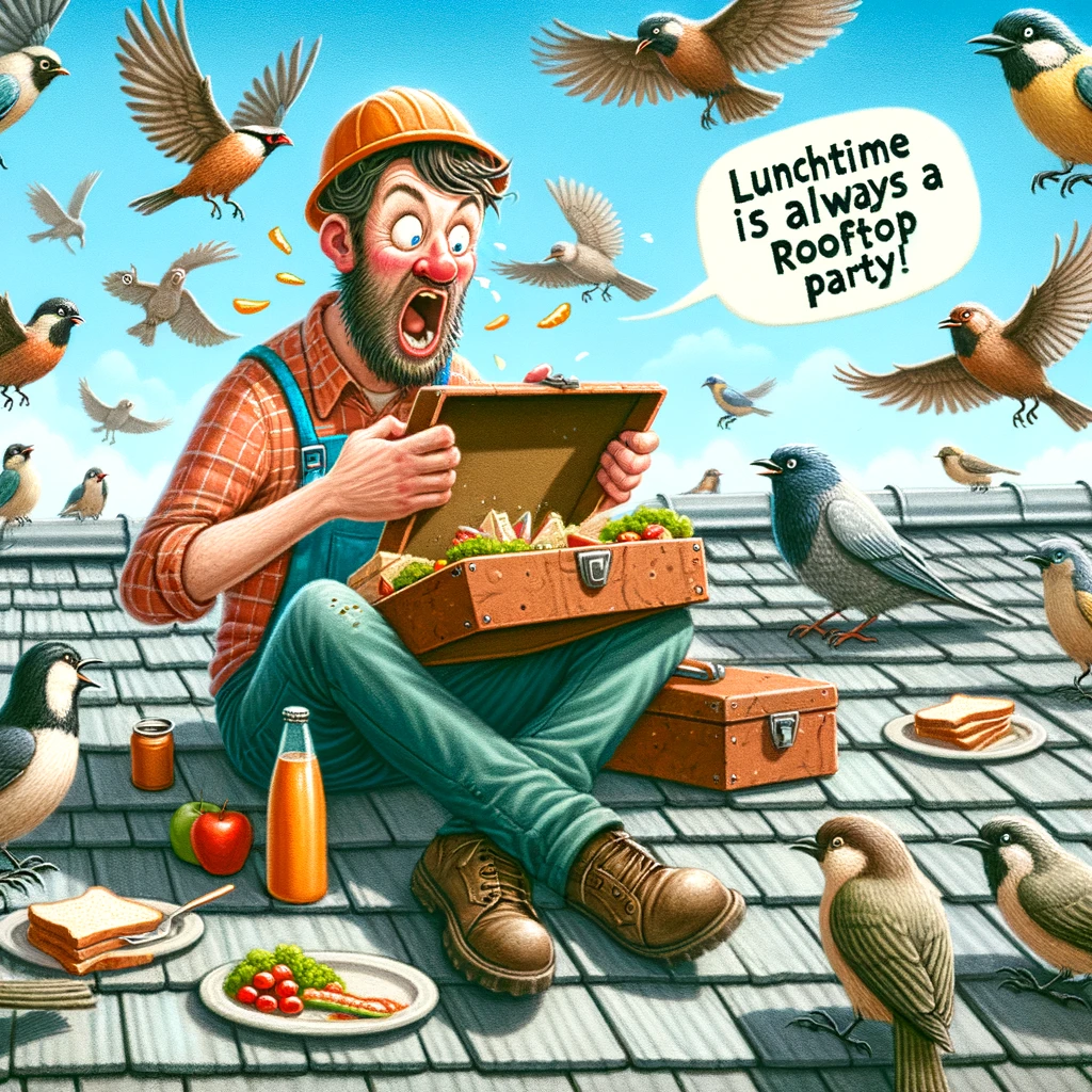 A whimsical scene showing a roofer opening a lunchbox on a rooftop. As he does, a flock of birds swoop in to share the meal, creating a lively and humorous atmosphere. The roofer appears amused and surprised by his unexpected lunch companions. The caption reads: "Lunchtime is always a rooftop party!"