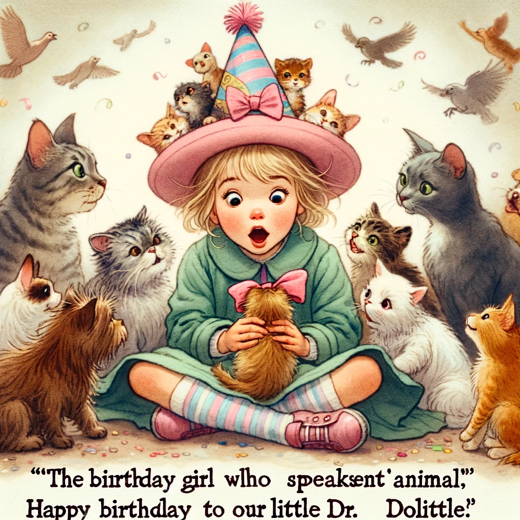 An image of a child surrounded by pets, talking to them as if holding a serious conversation. Caption: "The birthday girl who speaks fluent 'animal'. Happy Birthday to our little Dr. Dolittle!"