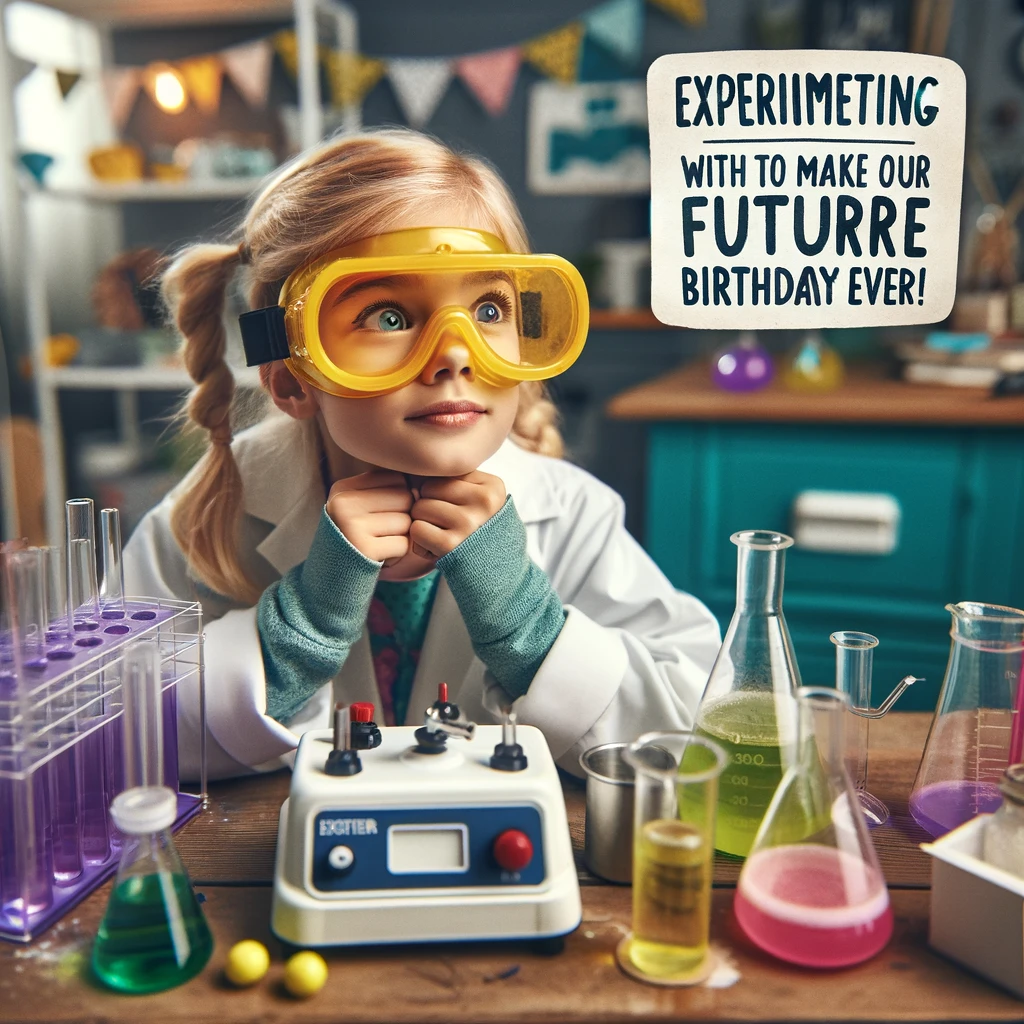 A picture of a girl with safety goggles and a makeshift lab, looking fascinated by a science kit. Caption: "Experimenting with how to make the best birthday ever. Happy Birthday to our future scientist!"