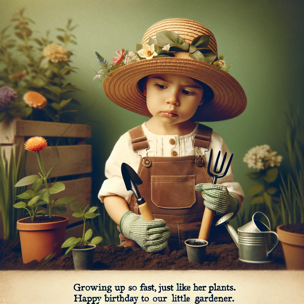 An image of a child in a garden, wearing a big hat and holding tiny gardening tools, with a look of serious concentration. Caption: "Growing up so fast, just like her plants. Happy Birthday to our little gardener!"