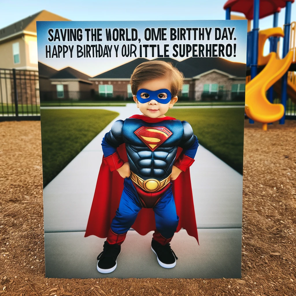 A photo of a child dressed as a superhero, striking a heroic pose on a playground. The caption reads, "Saving the world, one birthday at a time. Happy Birthday to our little superhero!"