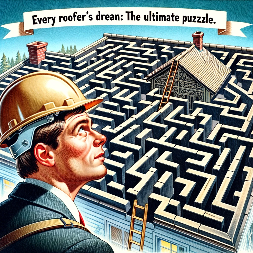 A roofer looking up at a complex maze-shaped roof, appearing perplexed and intrigued. This imaginative scene portrays the roofer as a solver of intricate puzzles, highlighting the challenging aspect of roofing. The maze roof is visually intricate, adding an element of surrealism. The caption reads: "Every roofer's dream: The ultimate puzzle."