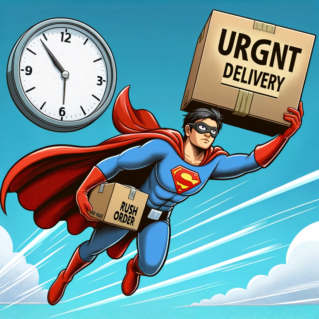 "The Rush Order" Meme: A superhero-themed procurement professional flying through the sky, cape fluttering behind. The professional is carrying a box labeled "Urgent Delivery", with a background showing a clock ticking down. This scene humorously portrays the professional's heroic efforts to ensure timely delivery.