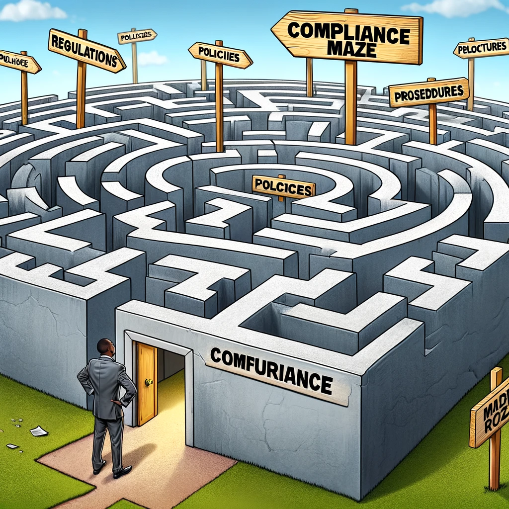 "The Compliance Maze" Meme: A procurement professional standing confused at the entrance of a giant maze shaped like a document. The maze has signposts labeled "Regulations", "Policies", and "Procedures". The image humorously captures the complexity and confusion often faced by professionals navigating through compliance requirements.