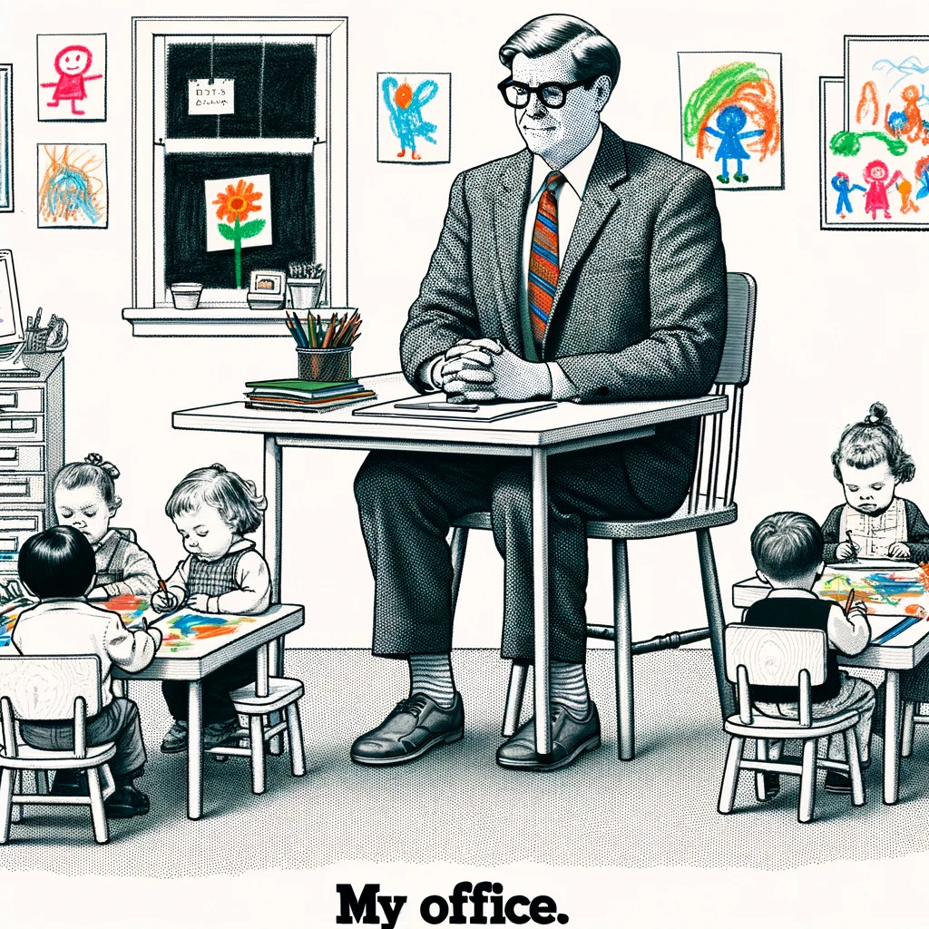 An adult sitting uncomfortably at a tiny preschool table, surrounded by kids' artwork. The image shows a teacher in a classroom, struggling to fit into a chair designed for small children. The caption reads: "My office." This should capture the humor and reality of a teacher's work environment in a preschool setting.