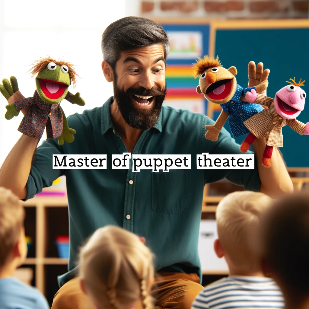 Image of a preschool teacher enthusiastically using puppets on each hand to tell a story. The teacher is in a classroom setting, engaging with children who are captivated by the puppet show. The caption reads: "Master of Puppet Theater." The scene should depict a lively, imaginative storytelling moment in a preschool environment.