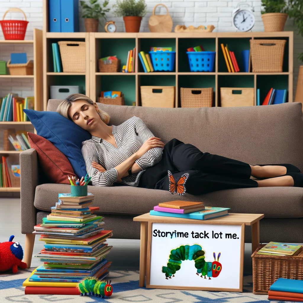 Image of a preschool teacher asleep on a couch in the classroom, surrounded by children's books like "The Very Hungry Caterpillar." The scene shows a cozy classroom setting, with the teacher completely exhausted and asleep amid a pile of storybooks. The caption reads: "Storytime took a lot out of me." This image should convey the tired yet fulfilling aspect of teaching young children.