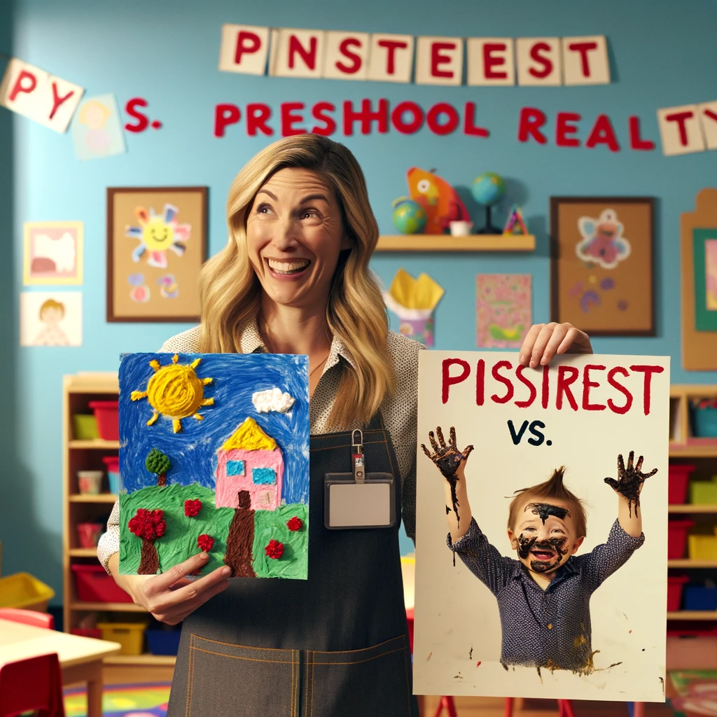 A preschool teacher holding up a perfectly crafted art project with her right hand, and a child's messy version of the same project with her left hand. The teacher has a bemused smile, standing in a colorful classroom. The art projects are noticeably different in quality, highlighting the contrast. A caption at the bottom reads: 'Pinterest vs. Preschool Reality.' The scene is light-hearted and humorous, capturing the essence of a preschool environment.