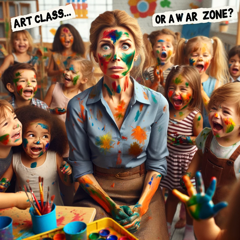 A preschool teacher surrounded by children, each with colorful paint on their faces. The teacher looks both shocked and amused, standing amidst a chaotic but fun classroom scene. Children are laughing and playing, with paint splatters on their clothes and faces. The teacher's expression captures the surprise and delight of the moment. A humorous caption reads: 'Art class... or a war zone?' at the bottom of the image. The image is playful and vibrant, reflecting the energy of a preschool art class.