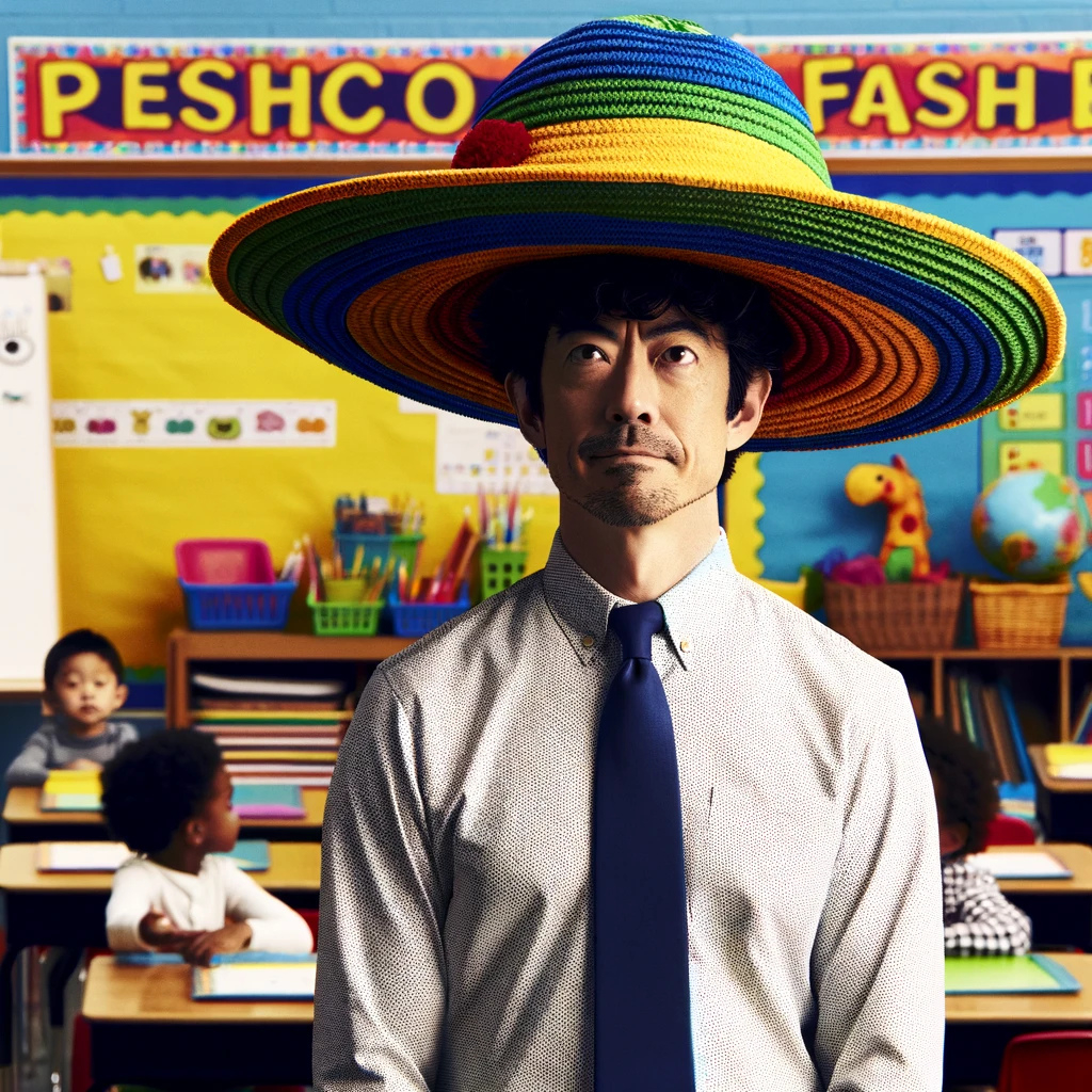 A preschool teacher trying to maintain a serious expression while wearing a comically oversized hat. The teacher is standing in front of a classroom, trying to look authoritative, but the silly hat makes it a humorous scene. The hat is brightly colored and outlandishly large, adding to the comedic effect. A caption at the bottom reads: 'Preschool fashion.' This image captures the playful and light-hearted nature of preschool, with a focus on the teacher's amusing attempt to remain serious in a silly situation.