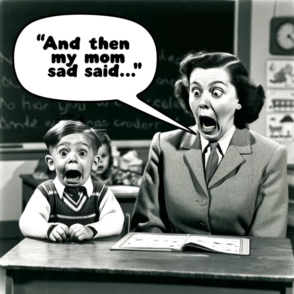A preschool teacher frozen in shock as a child tells an embarrassing story. The scene is in a classroom, with the teacher and child at the center. The teacher's face shows a mix of horror and disbelief, capturing a moment of surprise. The child is animatedly telling a story, oblivious to the teacher's reaction. A speech bubble from the child says, 'And then my mom said...'. The image is humorous and relatable, depicting a classic moment of innocent oversharing by a child in a classroom setting.
